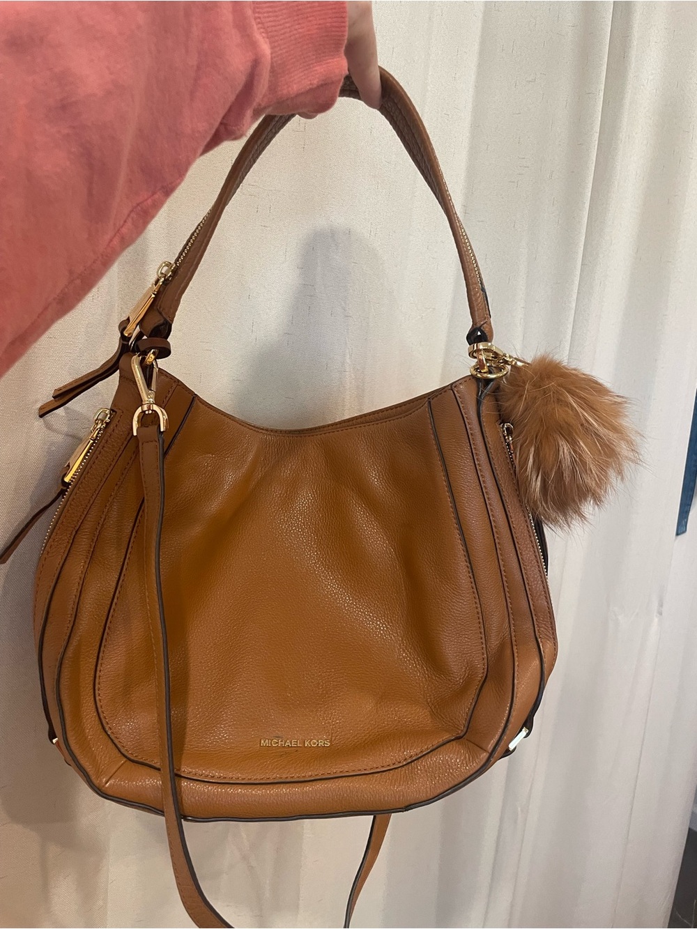 Michael Kors Cognac Leather Shoulder Hobo Bag with Pom Charm